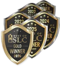 6 Award Badges that say SLC Gold Winner with the Years 2021 through 2026